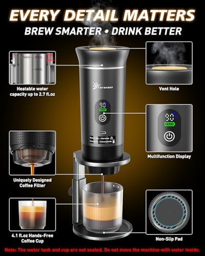Portable Coffee Maker for Travel, Self-Heating 20 Bar Espresso, LED Display