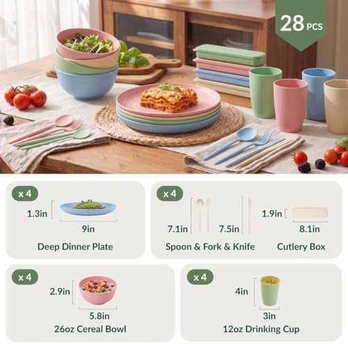 Homienly 28 Pcs Wheat Straw Dinnerware Sets, Kitchen Plates and Bowls Set