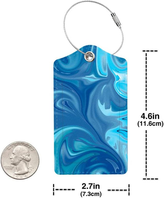 2 Pack Luggage Tag for Suitcase, Cute Unique Leather Bag Tags Identifiers Privacy Cover ID Label with Durable Steel Loop for Women Men Kids Girls Travel，Blue Wave