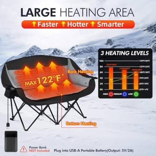 Heated Double Camping Chair - Heated Loveseat Padded Chairs for 2 Person