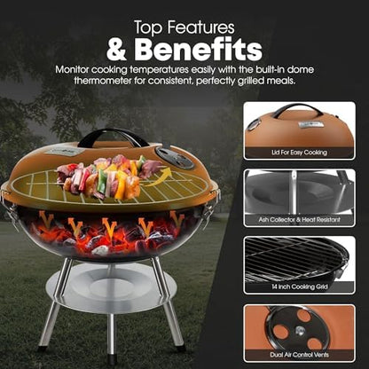 GasOne 14-inch Portable Charcoal Barbecue Grill with Thermometer Lux Brown