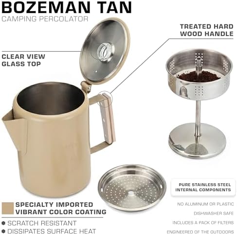 COLETTI Bozeman Color Series Percolator Coffee Pot — Camping Coffee Makers — Camping’s Favorite Percolator – NO Aluminum or Plastic (Tan, 9 Cup)