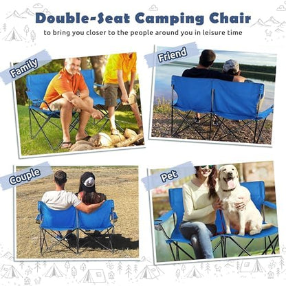 HaSteeL Folding Camping Chair, Double Seat Foldable Camp Chair for 2 Persons, Portable & Large for Outdoor Fishing, Hiking, Travel, Picnic, Beach, Lawn, Patio, Include Storage Bag (Blue)