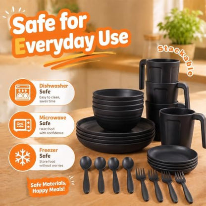 Wrova Black Plates and Bowls Sets for 4, Wheat Straw Dinnerware Sets 24PCS