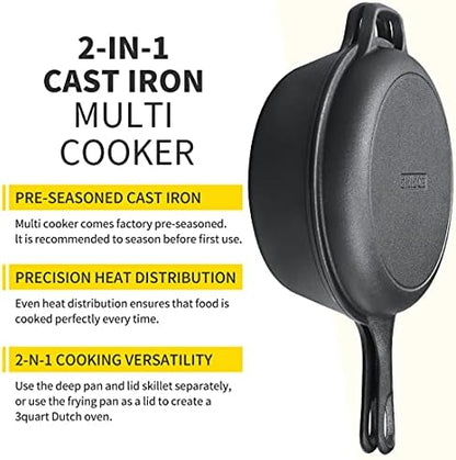 EDGING CASTING 2-in-1 Pre-Seasoned Cast Iron Dutch Oven Pot with Skillet Lid Set, 10" Skillet 3QT Pot for Cooking, Baking, Frying and Camping