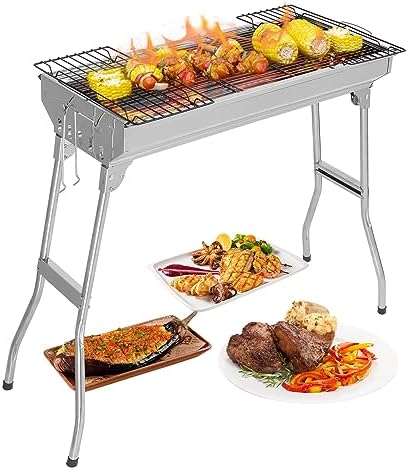 Stainless Steel BBQ Charcoal Grill, 28x 13 x 27" Portable & lFoldable Barbecue Grill, Outdoor Patio Garden Heating Smoker for Cooking Camping Hiking Picnic Garden Beach Party