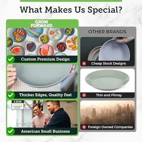 Grow Forward Premium Wheat Straw Plates and Bowls Sets - 8-Piece Wheat Straw Dinnerware Sets - Unbreakable & Reusable Microwave Safe Plastic Dinner Plates for Outdoors, RV, Camping Dishes - Glacier
