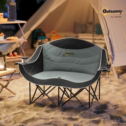 Outsunny Double Camping Chair for Adults, Padded Folding Camp Chair for 2 Person with Armrest, Wine Glass Holder, Cup Holder, Carry Bag for Outdoor Sports, Picnics, Supports up to 552 lbs.