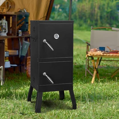 40" Portable Charcoal Grill,Metal Outdoor Barbecue Smoker,Heavy Duty Outdoor BBQ Grill,Portable Vertical Camping Barbecue Grill,with Doors & Thermometer,for Garden Patio Beach Backyard (Black)