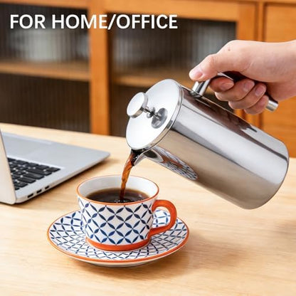 French Press Coffee Maker, 304 Grade Stainless Steel French Press with 2 Extra Filters for Home, Office, Travel, Camping - 34OZ/1 Litre (Sliver)