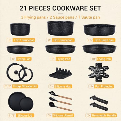 Ammeloo 21Pcs Pots and Pans Set Non Stick with Detachable Handle Frying Pan