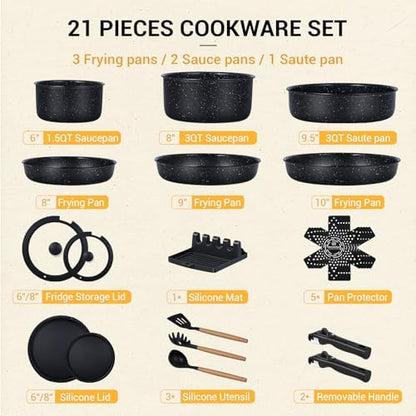 Ammeloo 21Pcs Pots and Pans Set Non Stick with Detachable Handle Frying Pan