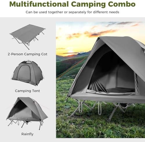 GYMAX 2-Person Tent Cot, 3 in 1 Folding Off-Ground Cot Bed Combo with Portable Wheeled Bag, Waterproof Rainfly, 2 Mesh Doors & Skylight Roof for Hiking, Backpacking, Outdoor