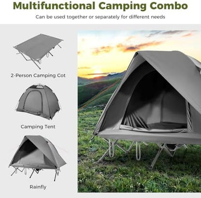 GYMAX 2-Person Tent Cot, 3 in 1 Folding Off-Ground Cot Bed Combo with Portable Wheeled Bag, Waterproof Rainfly, 2 Mesh Doors & Skylight Roof for Hiking, Backpacking, Outdoor