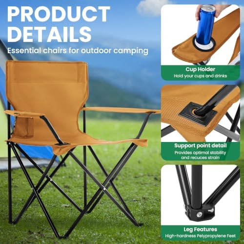 4 Pack Folding Camping Chairs for Outdoor, Foldable Portable Lawn Chairs with Carry Bag & Cup Holder, Compact Design for Camp, Beach, Picnics, and Fishing Supports 300LBS（Orange）