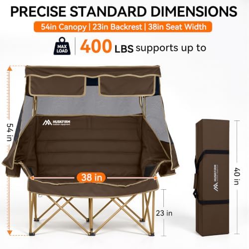 Huskfirm Double Camping Chair with Canopy Shade Folding Heavy Duty Brown