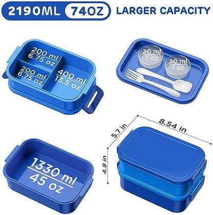 DaCool Bento Box Adults Lunch Container - 74 OZ Stackable Leakproof Bento Lunch Box for Adults Men Boys Teens Large Lunch Box Containers with Fork Spoon Sauce Boxes for Work School Dining Out, Blue