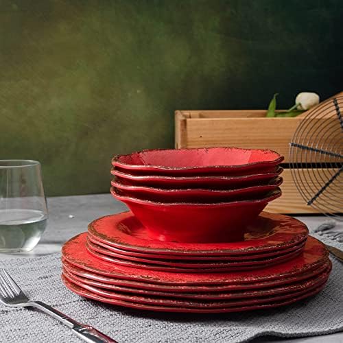LEHAHA Melamine Dinnerware Sets for 4, 12Pcs Farmhouse Plates and bowls Set