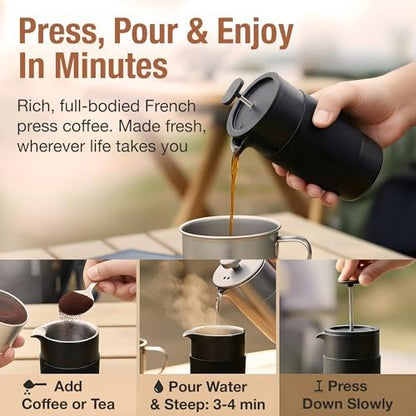 Travel French Press Coffee Maker Set - 12 oz | Portable Travel French Press Coffee Maker | Double Wall Insulated with Dual Stainless Filters & 2 Steel Canisters for Grounds, Tea, Creamer & Sugar