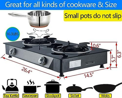 Horynar Propane Stove 2 Burner Gas Stove Auto Ignition 26000 BTU Tempered Glass Propane Burner LPG with CSA Hose for Outdoor Cooking, Emergency