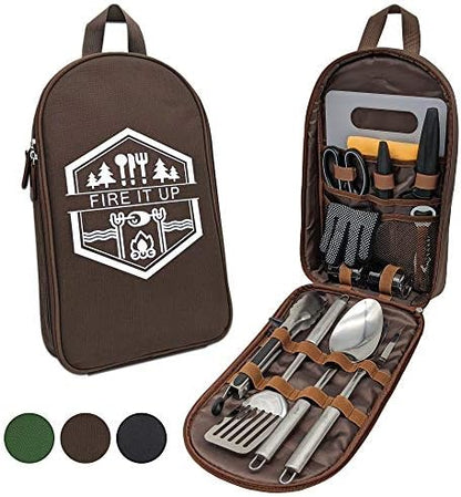 13 PC Grilling and Camping Cooking Utensils Set for The Outdoors BBQ - Stainless Steel Camp Kitchen Set Cookware Grill Tool Accessories Kit with Lightweight Stylish Crossbody Carrying Bag (Brown)
