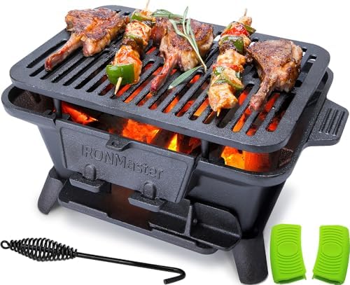 IronMaster Hibachi Grill Outdoor, Small Portable Charcoal Grill, Pre-Seasoned Cast Iron, Japanese Yakitori Camping Grill - 2 Heights, Air Control, Coal Door, Ideal for 2 People