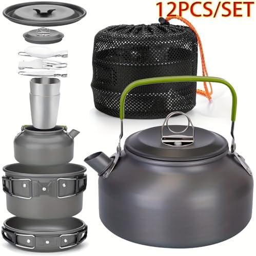 Camping Cookware Set(Green), Portable Backpacking Gear with Kettle, Pot, Pan, Cups & Foldable Cutlery, Lightweight Outdoor Cooking Kit for 2-3 People, Ideal for Hiking, Picnic & Camping