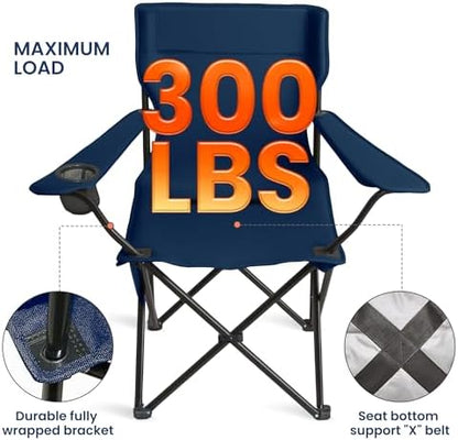 SUNW 2 Pack Folding Camping Chair, 300lbs Steel Frame Outdoor Chair with Cup Holder & Side Pocket for Camping Hiking Picnic Beach, Blue