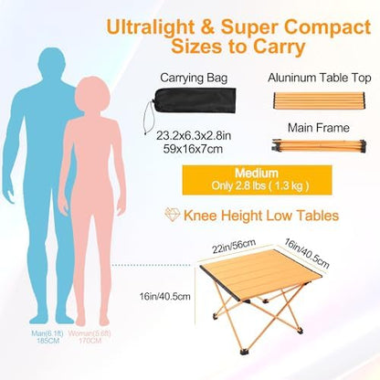 Tesouro Portable Camping Table,Folding Side Table Aluminum Top for Outdoor Cooking, Hiking, Travel, Picnic (Apricot-Medium)