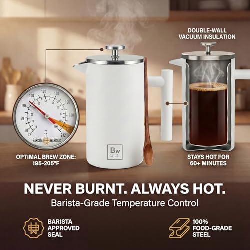 Barista Warrior French Press Coffee Maker - Double-Wall Stainless Steel Insulated French Press with Built-In Thermometer, Dual Filters Coffee Maker with Wooden Spoon - White