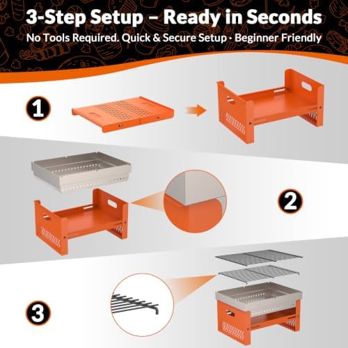 Portable Charcoal Grill, Small Tabletop BBQ, Foldable Mini Hibachi, Stainless Steel Camping Grill, Compact Outdoor Cooker for Picnic, Tailgating (Orange)