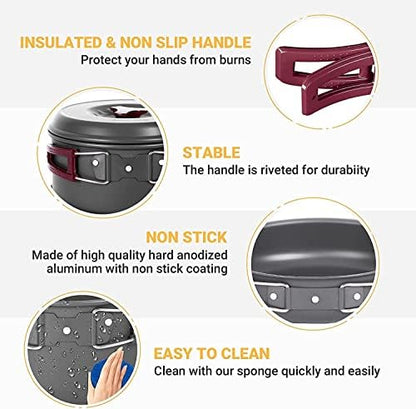 KingCamp 7/9/18Pcs Camping Cookware Mess Kit Camping Cooking Set Non-Stick Hard-Anodized Aluminum Camping Gear Camping Pots and Pans Set with Tableware for Outdoor Backpacking Hiking Picnic Backyard