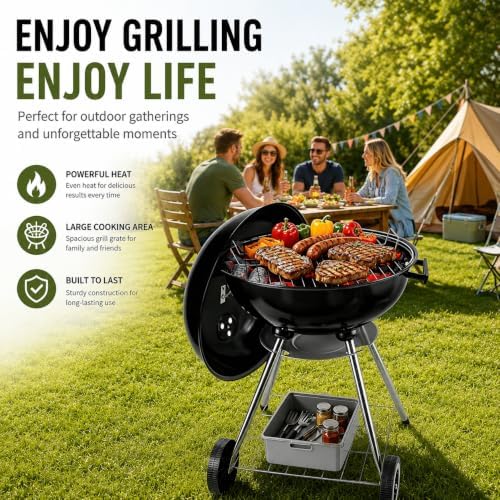 18-inch Charcoal Grill Kettle grill: Black Portable grill with stainless steel grilling net - backyard barbecue party grill (18inch)