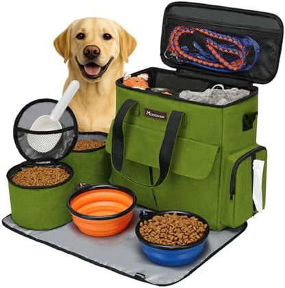 Modoker Weekend Dog Travel Bag Set with 2 Food Bags, 2 Bowls and Mat,Green