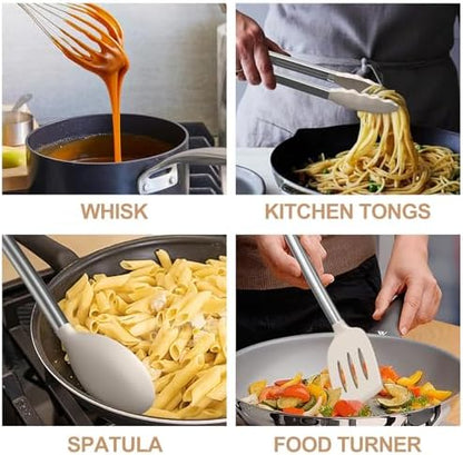 Kitchen Utensils Set-Umite Chef 34 Pcs Silicone Cooking Utensils Set for Nonstick Cookware-Silicone Spatulas Set, Stainless Steel Handle-Khaki Kitchen Gadgets Tools, Pots and Pans Accessories