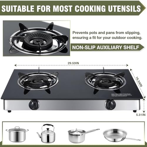 BESTFIRE 2-Burner Propane Gas Cooktop, 30,000 BTU Portable Tempered Glass Stove with Auto-Ignition, CSA Certified Regulator & Hose, Double Burner Stove for Camping, RV & Patio
