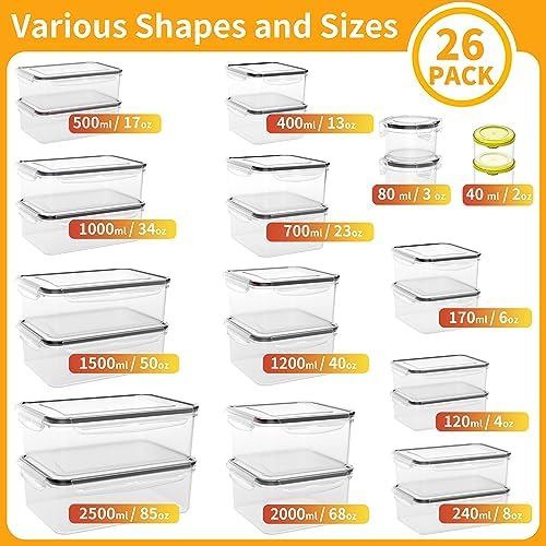 52 PCS Large Food Storage Containers with Lids Airtight, BPA-Free Leakproof Plastic Meal Prep Containers Reusable,Microwave & Dishwasher & Freezer Safe,Includes Labels & Pen