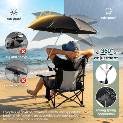 HaSteeL Low Beach Chairs, 2Pcs Camping Chairs with Umbrellas - Black