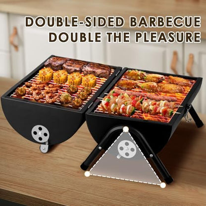 Portable bbq Charcoal Grill Small Folding Table Top Charcoal Grill for Outdoor Camping Two Side Carbon Smoker Griller with bbq Grill Brush and Metal Tongs (Black)