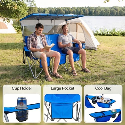 BESTHLS Portable Folding Camping Chair with Canopy Shade for 3 Person Blue