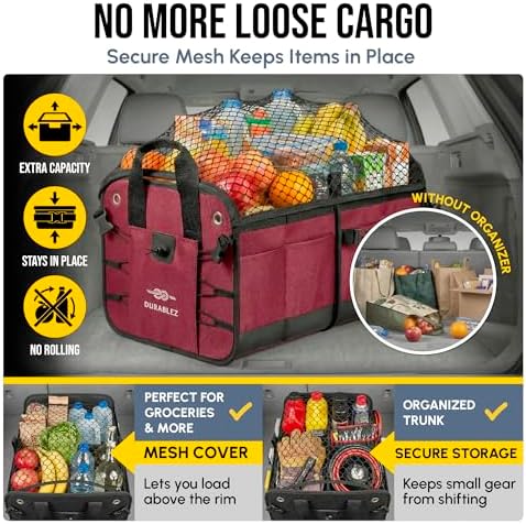 Car Trunk Organizer - Collapsible, Foldable - with Covering Net, Removable Dividers, Attachable Non-Slip Pads, Mounting Straps, and Stainless Hooks - for SUV, Truck, Sedan, Minivan, and Van - Cherry