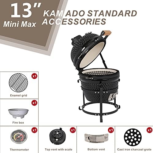 13" Portable Round Ceramic Charcoal Grill,Outdoor Barbecue Smoker,Heavy Duty Outdoor BBQ Grill,Vertical Camping Barbecue Grill,with Built-in Thermometer,for Garden Patio Beach Backyard (Black)