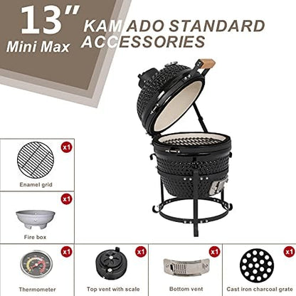 13" Portable Round Ceramic Charcoal Grill,Outdoor Barbecue Smoker,Heavy Duty Outdoor BBQ Grill,Vertical Camping Barbecue Grill,with Built-in Thermometer,for Garden Patio Beach Backyard (Black)