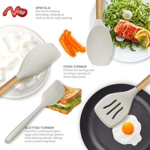 oannao Silicone Cooking Utensils Set - 446°F Heat Resistant Silicone Kitchen Utensils for Cooking,Kitchen Utensil Spatula Set w Wooden Handles, BPA FREE Gadgets for Non-Stick Cookware (Khaki)