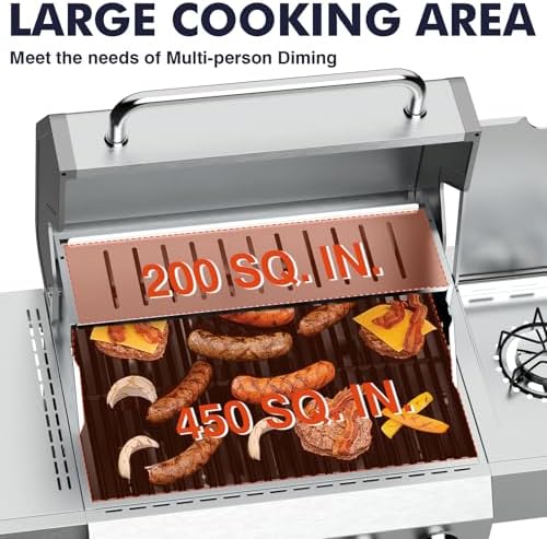 Llamaviva 5 Burner Propane Gas Grill with Side Burner,Stainless Steel BBQ Grill with Porcelain-Enameled Cast Iron Grates, 68000 BTU Cabinet-Style Cart Design for Outdoor Patio Barbecue- food clip