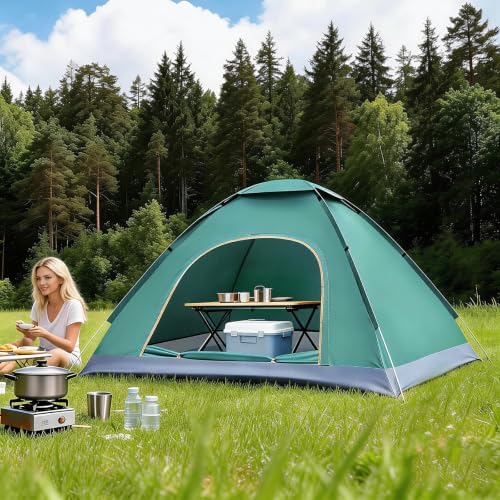 2-3 Person Pop-Up Camping Tent, Instant Setup, Silver-Coated, Single Door + Skylight, Dark Green – for Hiking, Camping, Travel, Outdoor Enthusiasts