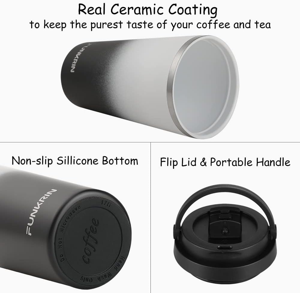Funkrin Insulated Coffee Mug with Ceramic Coating, 16oz Iced Coffee Tumbler Cup with Flip Lid and Handle, Double Wall Vacuum Leak-Proof Travel Mug for Office School Party Camping