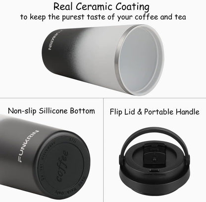 Funkrin Insulated Coffee Mug with Ceramic Coating, 16oz Iced Coffee Tumbler Cup with Flip Lid and Handle, Double Wall Vacuum Leak-Proof Travel Mug for Office School Party Camping