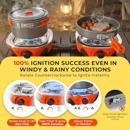20000 BTU Propane Camping Stove with Cookware Set & Carry Bag Orange