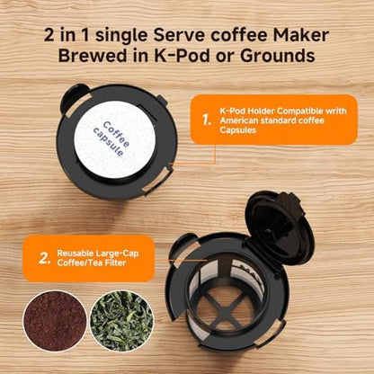 Coffee Maker, Single Serve Brewer for K Pods & Ground-Black